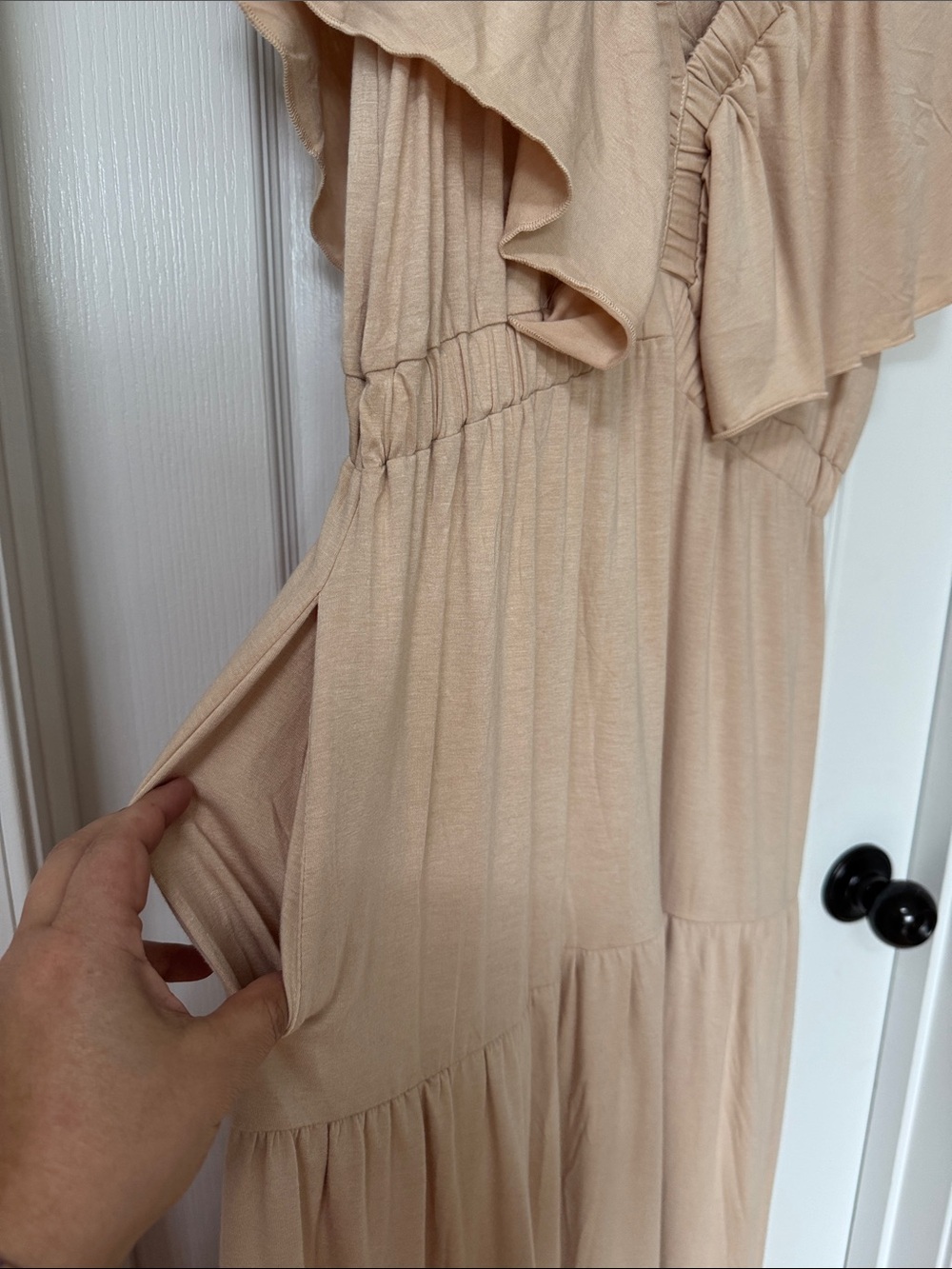 Neutral Beige Ruffle V-Neck Maxi Dress - Picture 5 of 6